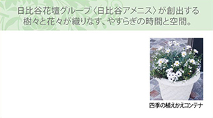 日比谷花壇グループ〈日比谷アメニス〉が創出する樹々と花々が織りなす、やすらぎの時間と空間。 各種施設、公園などのランドスケープ設計・施工・管理を行い、五感に響くアメニティ空間を創造しつづける〈日比谷アメニス〉。［ガーデンティアラ武蔵小杉］では「ティアラパティオ」と「イーストゲート」の植栽計画・ガーデニングプランを担当しました。 四季の植えかえコンテナ